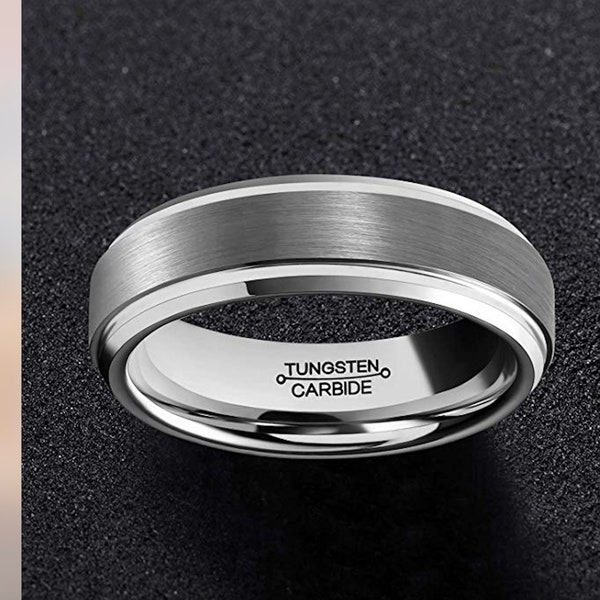 Personalized Engraving - 6mm Tungsten Carbide  With Brushed Center Step Edge | Engagement Anniversary | Wedding Band Ring for Men Or Ladies