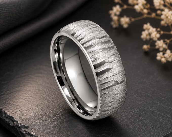 8mm Tungsten Wedding Band, Tree Bark Texture Ring, Custom Engraved Mens Rustic Wedding Ring, Personalized Anniversary Promise Ring