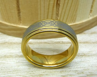 Gold Plated Tungsten Celtic Knot Ring, Custom Engraved Wedding Band