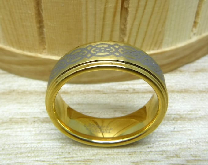 Celtic Gold Tungsten Ring, 8mm Custom Engraved Wedding Band for Men, Durable Gold Plated Knot Design Ring, Laser Engraved Dainty Ring