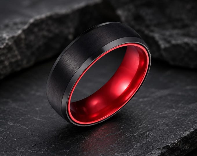 Personalized Engraved 8mm Tungsten Carbide Wedding Band, Black Brushed Center Ring, Shiny Beveled Red Anodized Aluminum Sleeve Ring