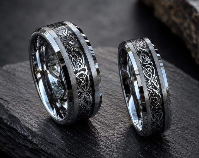 Dragon & Celtic Knot Tungsten Couple Ring Set, Custom Engraved Matching Bands, Personalized Promise Wedding Rings, Anniversary Gift Set