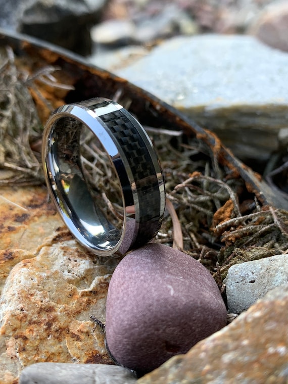 Men's Tungsten Wedding Band – 8mm Wide, Black Carbon Fiber Inlay, Free Custom Engraving