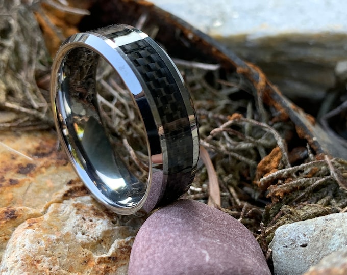 Black Tungsten Ring, 8mm Carbon Fiber Inlay Wedding Band, Personalized Ring Gift for Him or Her, Custom Engraved Statement Jewelry