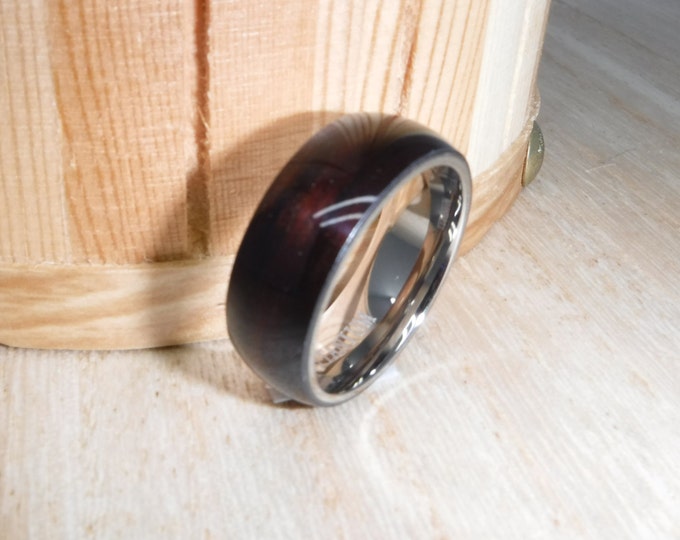 Personalized Titanium Koa Wood Ring, 8mm Custom Engraved Wedding Band with Real Hawaiian Inlay, Dome Shape Comfort Fit Promise Ring