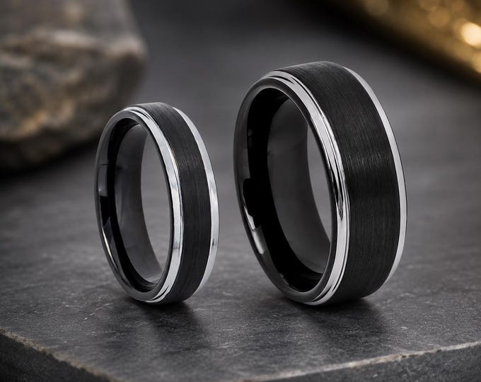 His & Hers Black Tungsten Wedding Band Set, Personalized Matching Couple Rings, Brushed Silver Finish Ring, Modern Anniversary Bands