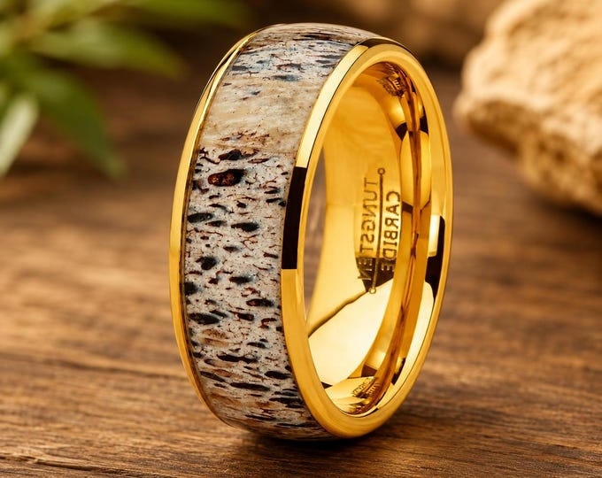 Custom 8mm Gold Tungsten Carbide Ring, Real Antler Inlay Wedding Band, Personalized Laser Engraved Statement Ring, Promise Band Gift