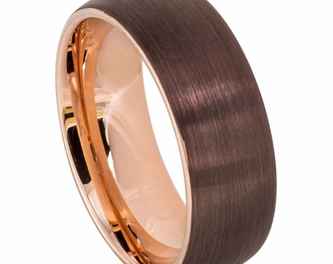 Personalized Mens Tungsetn Wedding Band, 18k Rose Gold Tungsten, Espresso Tungsten Ring, Engagement , Anniversary, Rose Gold Tungsten, Brush