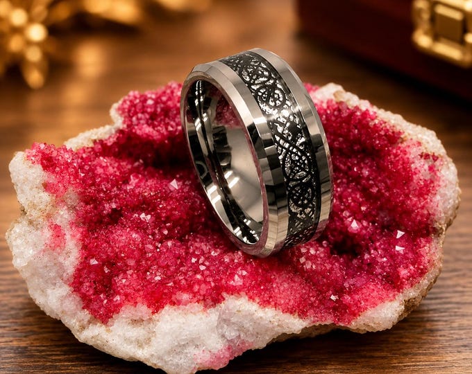 Personalized 8mm Tungsten Celtic Dragon Ring, Meteorite Inlay Wedding Band, Custom Engraved Silver Tungsten Ring, Men's Wedding Ring