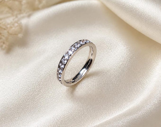 White IP Plated Titanium Eternity Ring, 3mm Cubic Zirconia Wedding Band, Custom Engraved Ring, Personalized Bridal Band, Promise Ring Gift