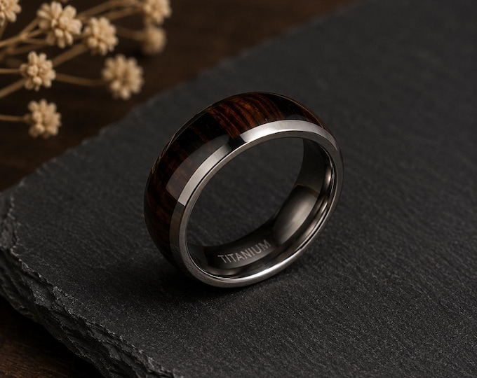 Koa Wood Inlay Tungsten Carbide Ring, Domed Wedding Band, Custom Laser Engraving Ring, Comfort Fit Promise Ring, Rustic Dainty Gift