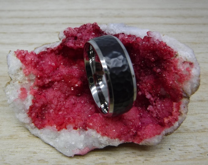 Custom Engraving - 8mm Titanium Black Plated Hammered Center Wedding Band Ring for Men Or Women