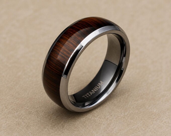 Personalized Titanium Wedding Ring with Koa Wood Inlay, Custom Engraved Band, Rustic Wood Wedding Band, Couple's Promise Ring Jewelry