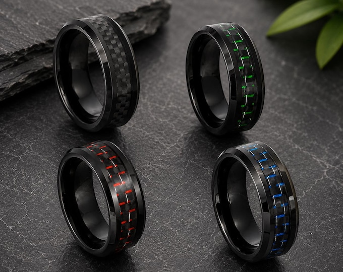 Black Tungsten Ring, Carbon Fiber Inlay Custom Engrave Wedding Band, Brushed Domed Comfort Fit Anniversary Promise Ring, Unique Jewelry Gift