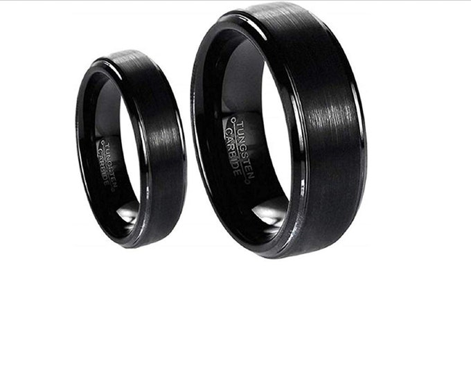Modern Black Tungsten Carbide Ring, Wedding Promise Band Set, 8mm & 6mm Pipe Cut Ring for Men and Women, Matte Finish Couples Ring Set