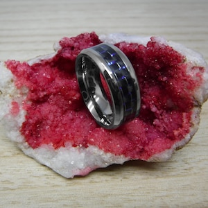 Custom Engraving - 8mm Titanium Beveled High Polish with Blue Carbon Fiber Inlay Wedding Band Ring for Men Or Women