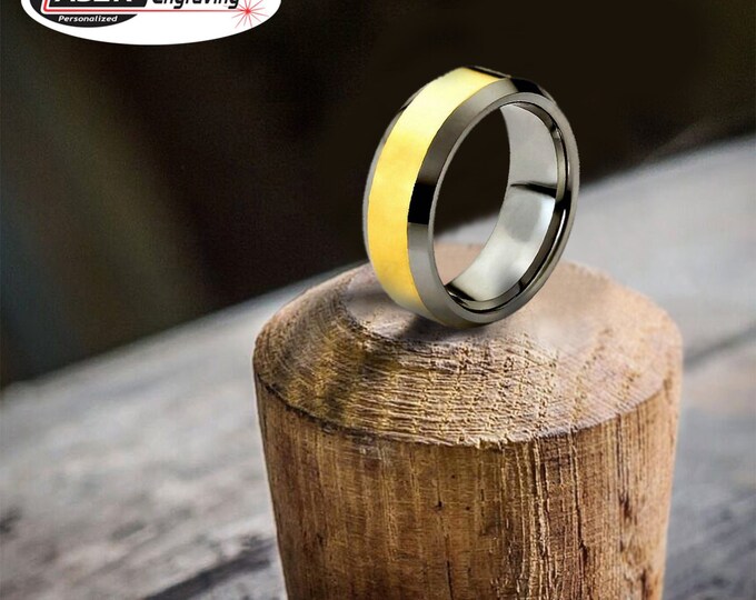 Personalized Engraving - 8mm Tungsten Carbide Gold Center Shiny beveled Edge | Engagement Anniversary | Wedding Band Ring for Men Or Women