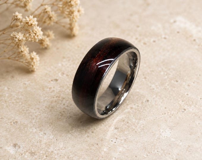 Personalized Titanium Koa Wood Ring, 8mm Dome Wedding Band, Custom Engraved Ring, Men's Wedding Band, Hawaiian Koa Wood Anniversary Gift