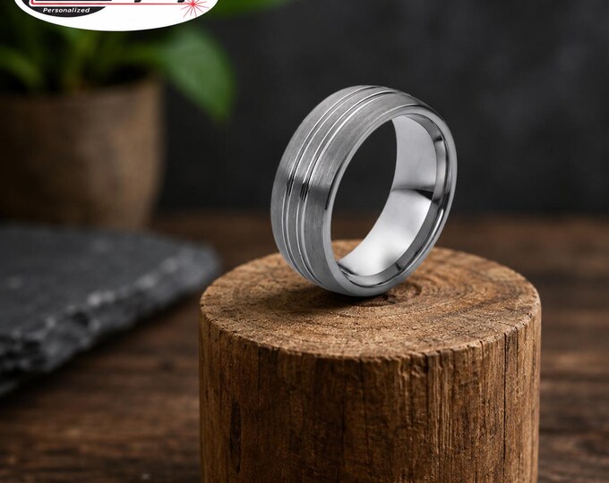 Custom Engraved Tungsten Carbide Wedding Band, Brushed Finish Grooved Ring, Personalized Comfort Fit Anniversary Gift for Couples