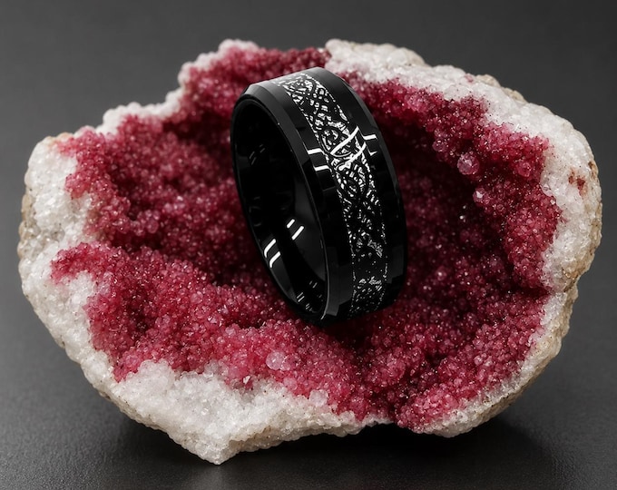 Black Tungsten Carbide Ring, Celtic Dragon Design Meteorite Inlay Band, Comfort Fit Wedding Ring, Durable Scratch-Resistant Promise Ring