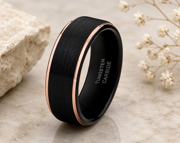 Tungsten Carbide Rose Gold Ring for Men, Custom Engraved Anniversary Ring, Beveled Edge Wedding Band, Personalized Promise Ring for Women
