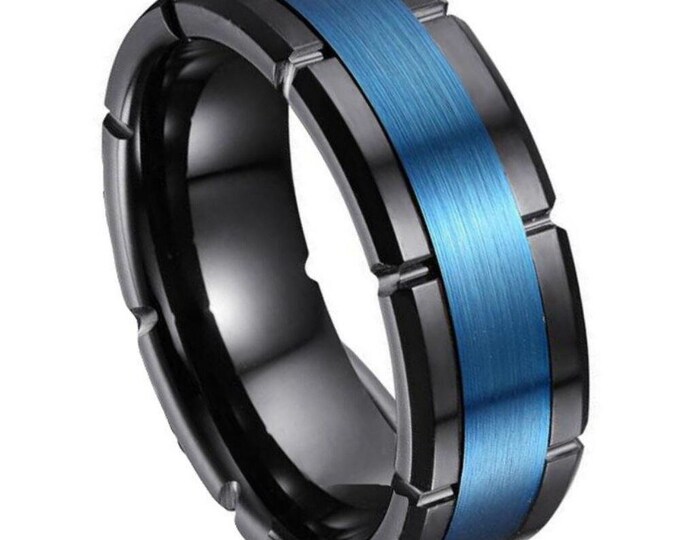 8mm Black & Blue Tungsten Ring, Custom Engraved Dainty Ring, Brushed Wedding Band for Him or Her, Anniversary Promise Engagement Gift