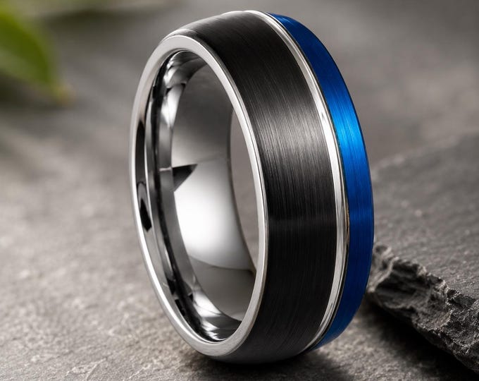 Brushed Wedding Band, Custom Engraved 8mm Blue Black Tungsten Ring, Three Tone Carbide Wedding Band, Personalized Promise Ring Jewelry Gift