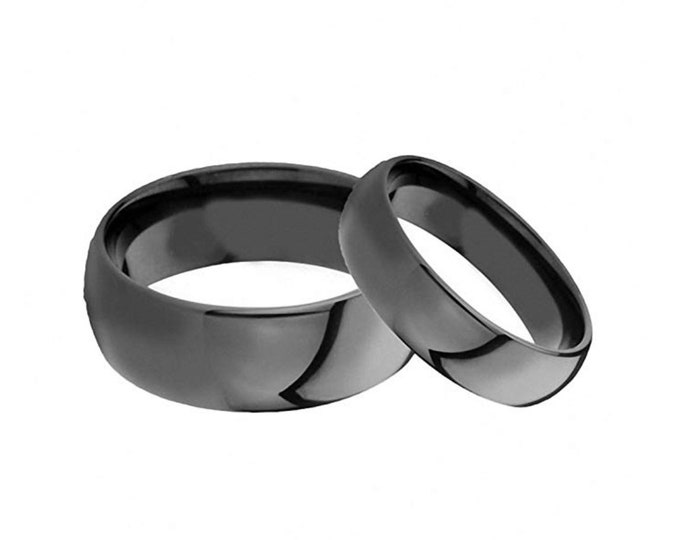 8mm/6mm Dome Shiny Finish Rings, Personalised Couple Rings for Him & Her, Custom Engraved Dainty Ring, Black Tungsten Wedding Band Set