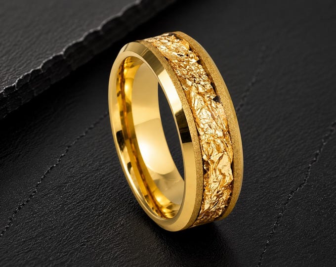 Hammered Gold Foil Tungsten Wedding Band, 8mm Custom Engraved Ring, Free Personalized Laser Engraving, Comfort Fit Gold Wedding Band