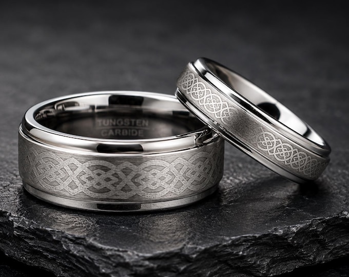 Custom Engraved Celtic Knot Couples Ring Set, Black Carbon Fiber Inlay Wedding Bands, 8mm & 6mm Matching Rings, Personalized Gift Band Set
