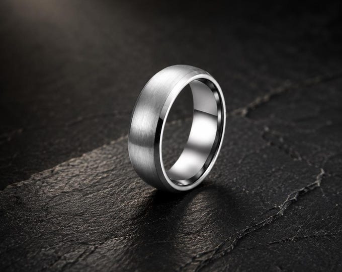 Custom Engraved Tungsten Carbide Ring, 8mm Beveled Edge Wedding Band, Brushed Center Comfort Fit Anniversary Gift, Personalized Promise Ring