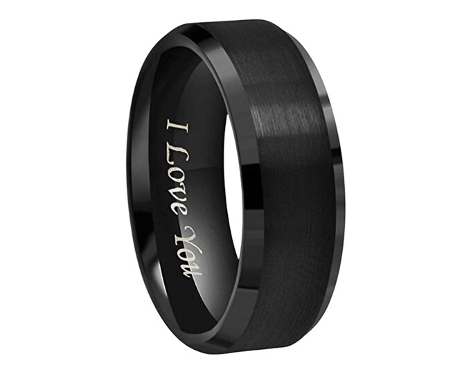 Personalized Engraving 8m /6mm Black Beveled Tungsten Carbide  " I love you " | Engagement Anniversary | Wedding Band Ring for Men Or Women
