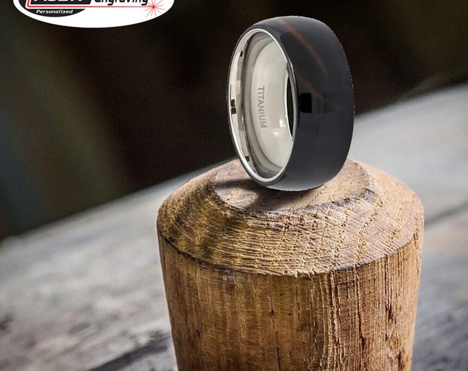 Titanium Koa Wood Ring, Custom Engraved Dainty Ring, 8mm Dome Wedding Band, Real Hawaiian Inlay Ring, Unique Rustic Style Commitment Ring
