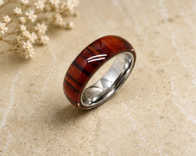 Personalized Koa Wood Inlay Titanium Wedding Band, Custom Engraved Promise Ring, Lightweight Comfort Fit Wedding Anniversary Gift Ring
