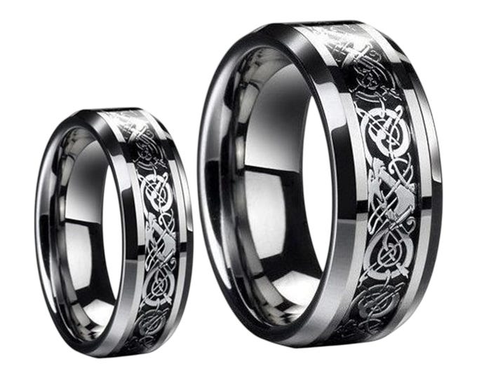 His & Hers Tungsten Dainty Ring, Matching Wedding Bands, Black Celtic Dragon Knot Rings with Carbon Fiber Inlay, Custom Engraved Ring Set
