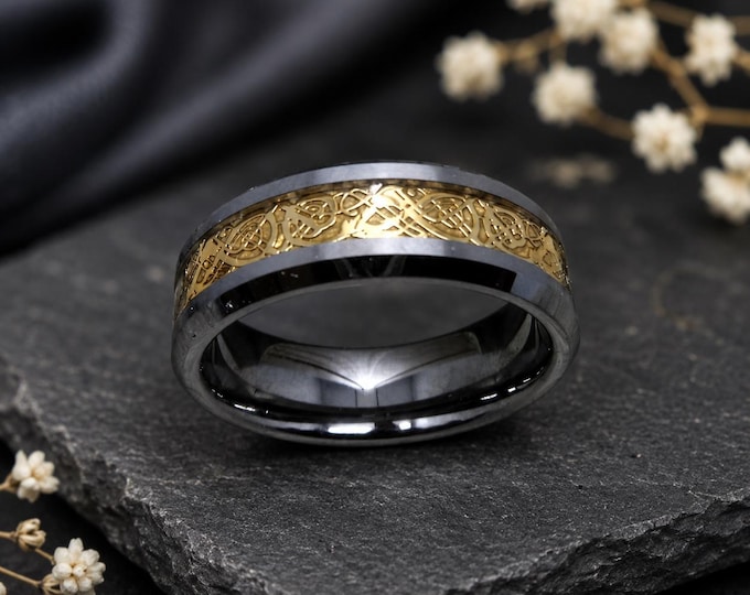 Custom Laser Engraved Tungsten Carbide Wedding Band, Gold Celtic Dragon Inlay Ring, Anniversary Band Personalized Comfort Fit Ring Gift