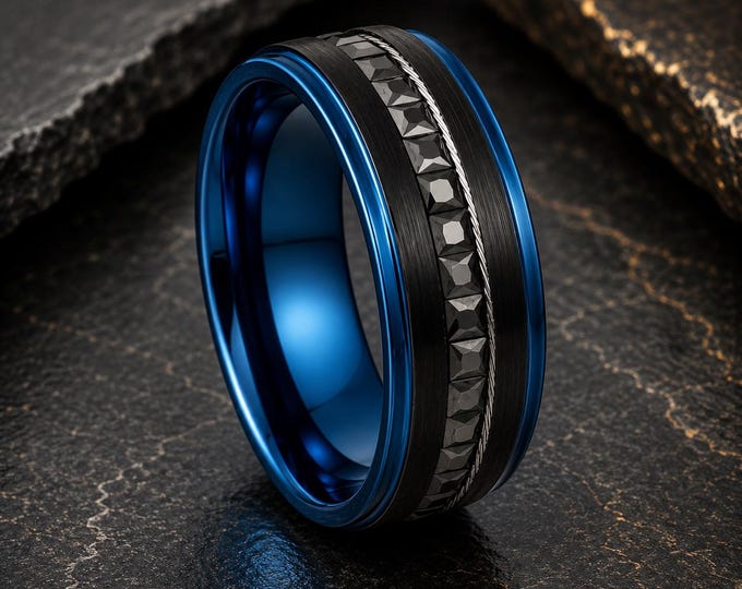Personalized Blue Tungsten Wedding Band 8mm, Custom Engraved Black Princess CZ Eternity Ring,  Anniversary Promise Ring Gift for Couples