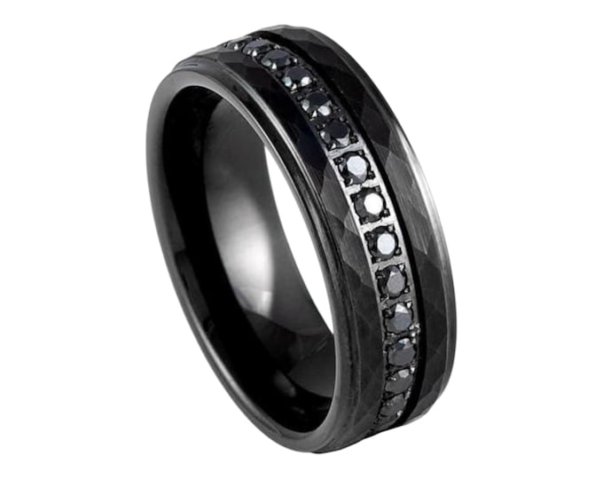 Custom Engraved Black Tungsten Ring with Black CZ Eternity, Hammered 8mm Wedding Band for Him or Her, Personalized Men's or Women's Ring