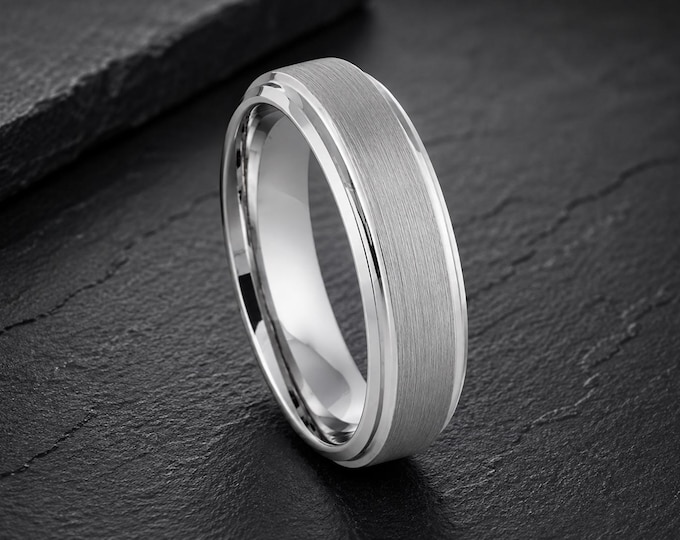 Personalized White Tungsten Wedding Band, Custom Laser Engraved Platinum Plated Ring, Men's & Women's Anniversary Promise Ring Gift