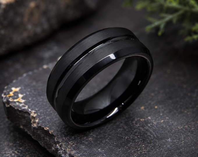 Custom Engraved Black Tungsten Carbide Ring, Beveled Wedding Band, His Hers Promise Ring