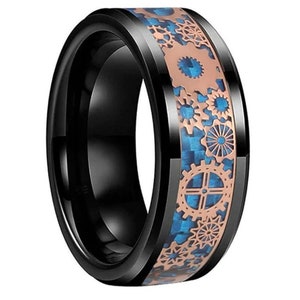 May include: A black tungsten carbide ring with a blue and rose gold inlay featuring a gear design.