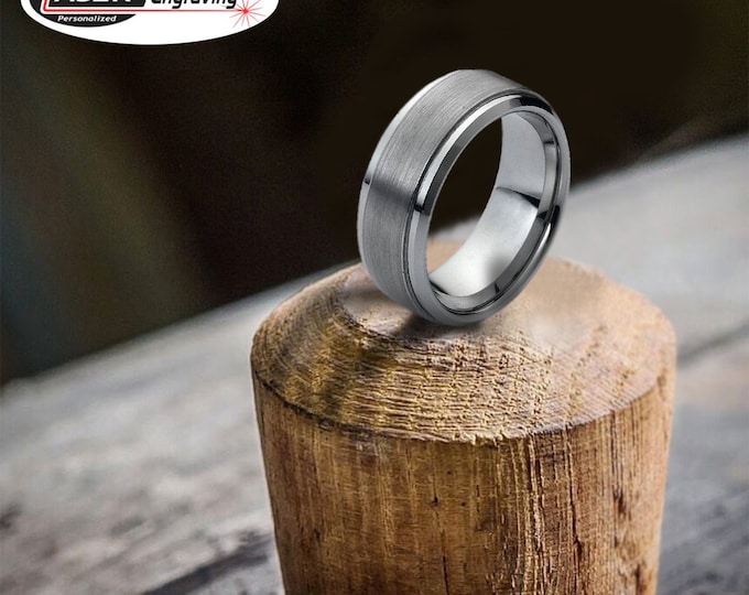 Personalized Engraving - 8mm Tungsten Carbide Brushed Center With Step Edge | Engagement Anniversary | Wedding Band Ring for Men Or Women
