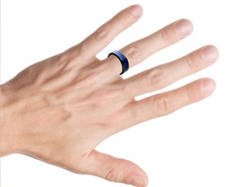 Engraved Black Ceramic Wedding Band – Blue Carbon Fiber Inlay, Beveled Edge