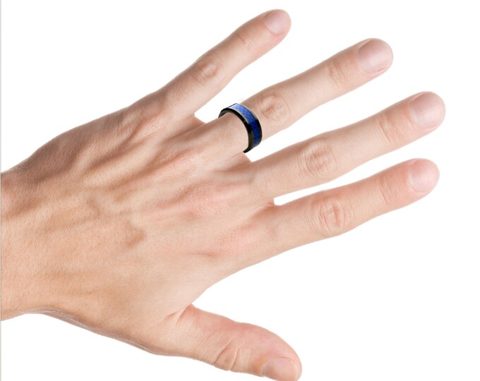 Custom Engraving - 8mm Black Ceramic Beveled With Blue Carbon Fiber Center Inlay Wedding Band Ring for Men Or Women