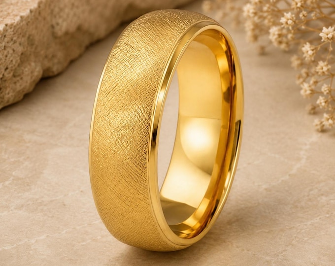 Personalized 8mm 14K Yellow Gold Tungsten Band, Florentine Brushed Finish Ring, Custom Engraved Wedding Ring, Comfort Fit Gift Couples