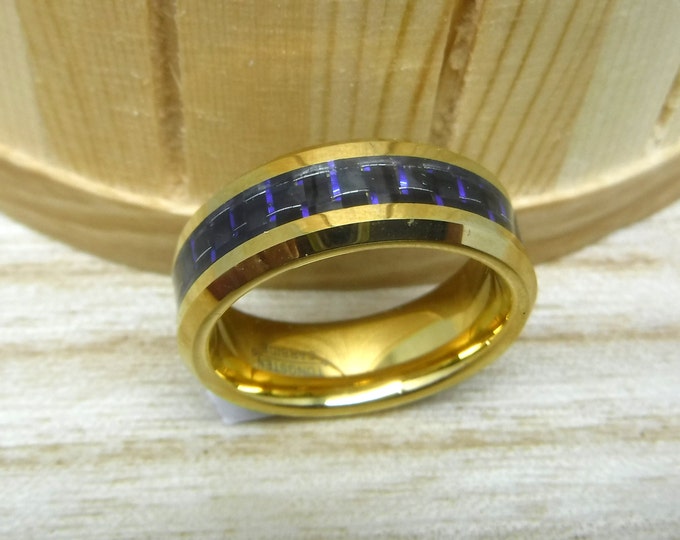 Custom Laser Engraving Ring - 8mm Tungsten Carbide Gold Plated Beveled Edge Black and Blue Carbon Fiber Inlay Wedding Ring for Men Or Women