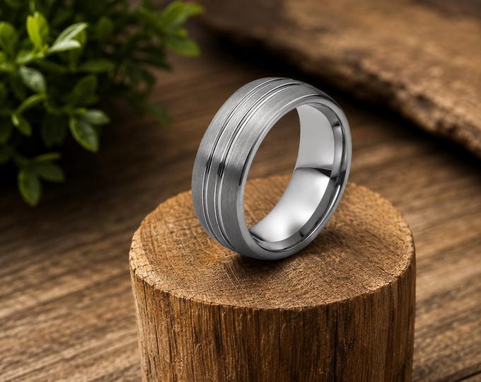 Modern Brushed Tungsten Ring, Grooved Wedding Band, Personalized Engraving Anniversary Ring, Classic Durable Tungsten Carbide Jewelry