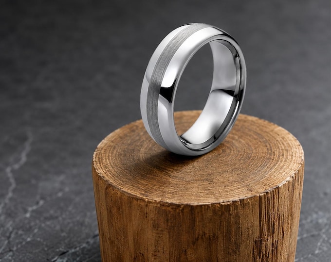 Personalized Tungsten Carbide Ring, Domed Wedding Band, Brushed Center Comfort Fit Anniversary Ring, Custom Engraved Promise Ring