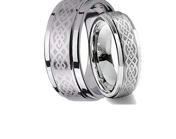 Personalized engraving  His & Hers Tungsten Carbide  Loyal Celtic Knot Stepdge | Engagement Anniversary | Wedding Band Ring for Men Or Women
