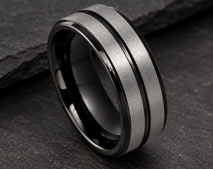 Custom Black Tungsten Ring, Two-Tone Brushed Wedding Band, Personalized Engraved Carbide Ring, Modern Groom Jewelry, Anniversary Gift